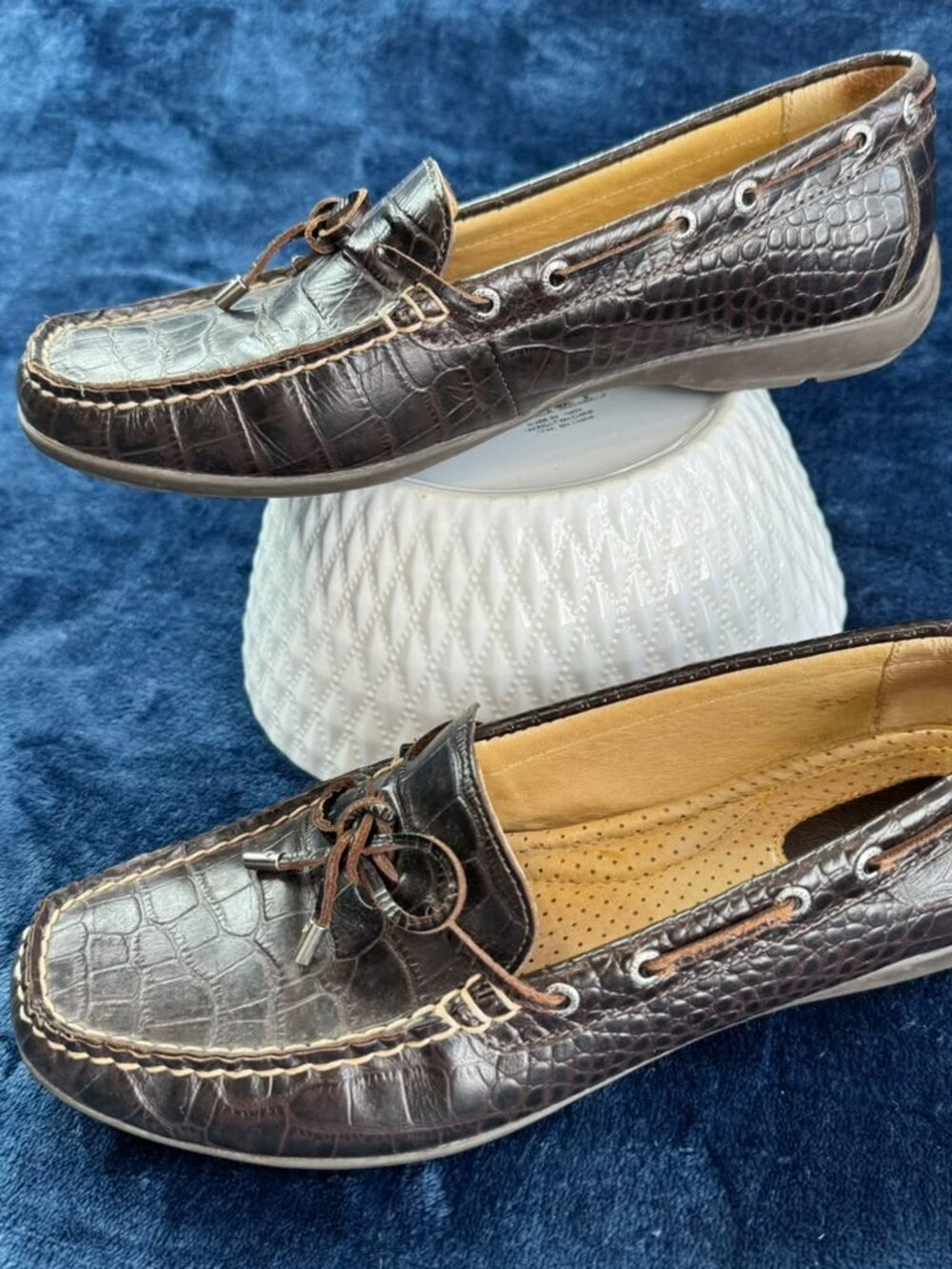 Sperry Top Sider Women Brown Croc Embossed Leather Loafer Boat Shoe Moccasin 7.5